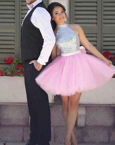 Cute Mini Short homecoming Dresses High Neck Light Pink Tulle Sequins Mini Junior Cocktail Party Dress cg420 Tunics Satin smooth