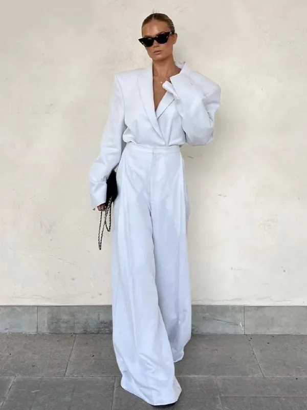 Ashore Boutique 2024 Women's Outfit Sets Blazers With High Waist Wide Pants Set Soft Wool Pants