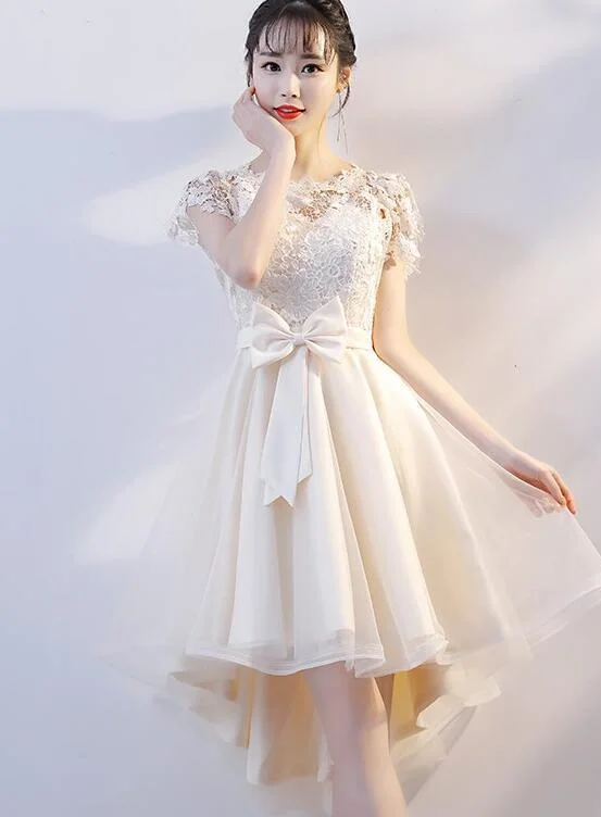 Lovely Champagne Tulle High Low Party Dress, Cute Lace Homecoming Dress With Bow cg2090 Halter Neckline Beach
