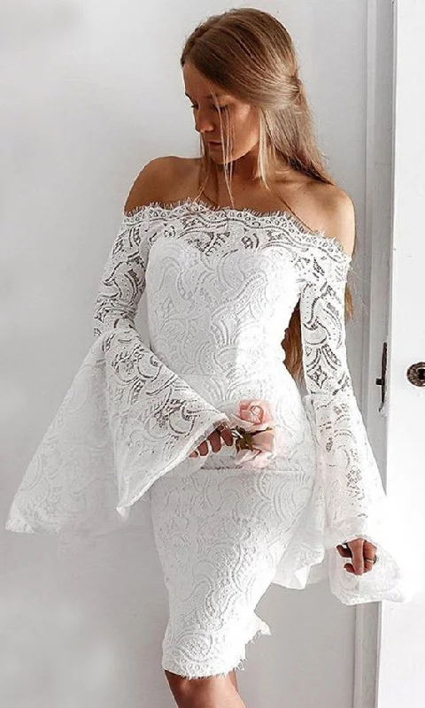 Sheath Off-the-Shoulder Bell Sleeves Knee-Length White Lace Homecoming Party Dress cg1658 Tunics Prom sequined
