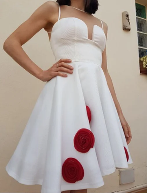 Sexy Sheer Neck Illusion Back with Ruffled Handmade Red Flowers Short homecoming Party Dress cg4414 Lace Sexy Club
