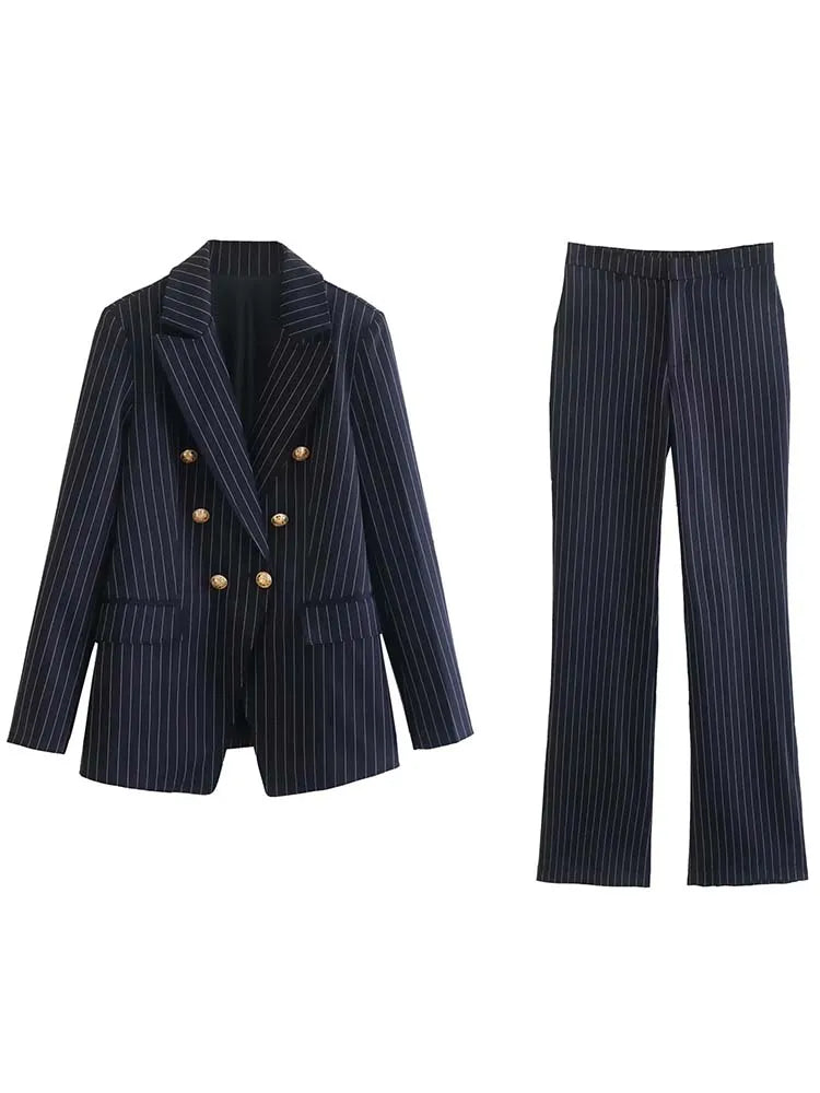 Women's Blazer Set Woman 2 Pieces Suit 2023 Autumn Fashion Stripe Office Blazer+ Pants Classic Chino Pants