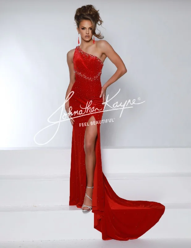 Johnathan Kayne 2963 Size 4 Red Velvet One Shoulder Pageant Dress Cape Cutout Back Slit Formal Gown Crew Neckline Casual