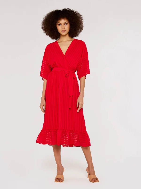 Red Self Stripe Ruffle Dress Tunics Travel practical