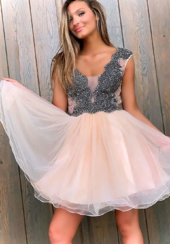 Cute v neck tulle beads short party dress tulle homecoming dress cg5192 Tunics Sophisticated sleek