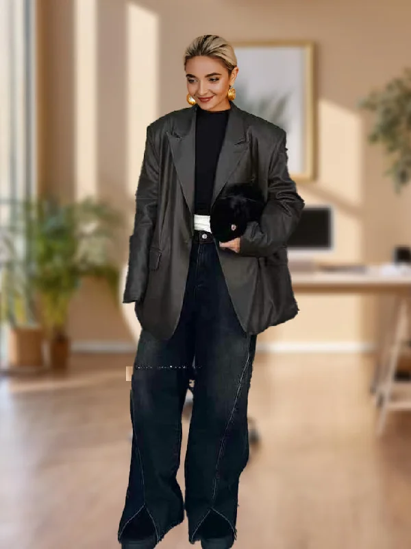 Wider Shoulder Oversized PU Leather Blazer and Loose Wide Denim Pant Two Piece Sets High-Waist Trousers