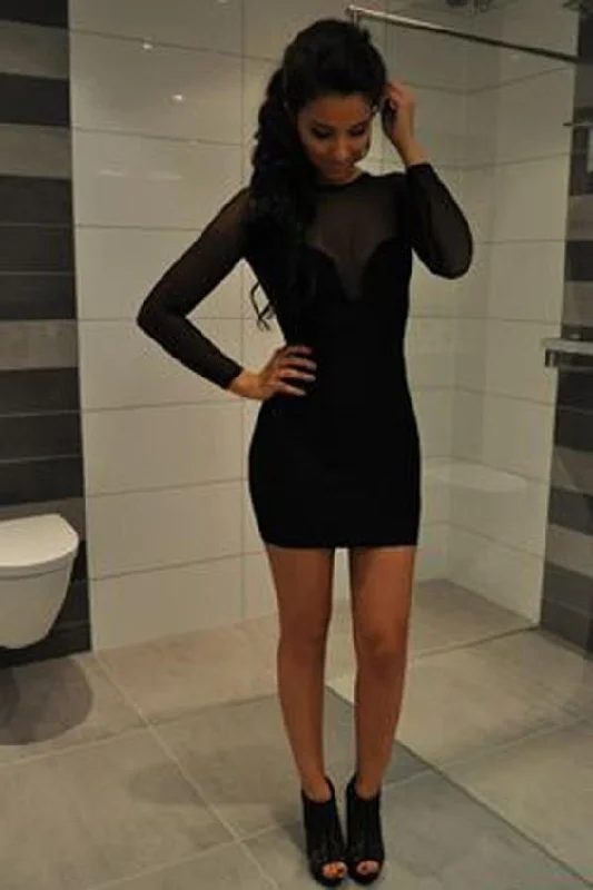 Black Round Neck Short Dress,Long Sleeve Sheer Back Cheap Homecoming Dress,Party Dress  cg1259 Tunics Essential wardrobe