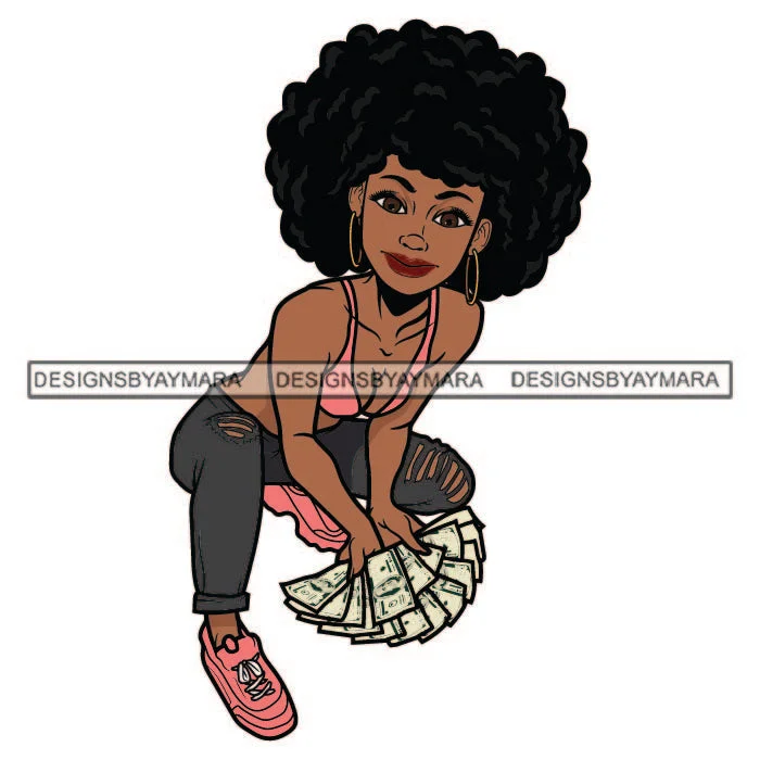 Smiling Gangster Curly Hairs Woman Sitting Wearing Ripped Pant Bra Sneakers Holding Dollar Cash Money SVG JPG PNG Vector Clipart Cricut Silhouette Cut Cutting High-Waist Trousers