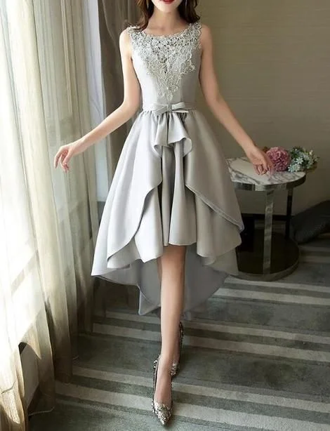 Grey Satin And Lace High Low Party Dress, Round Neckline Charming Homecoming dress cg3965 Tunics Denim casual