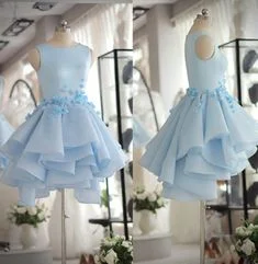 Light Blue Satin Organza Short Party Dress ,cute homecoming dress cg259 Tunics Bridal satin