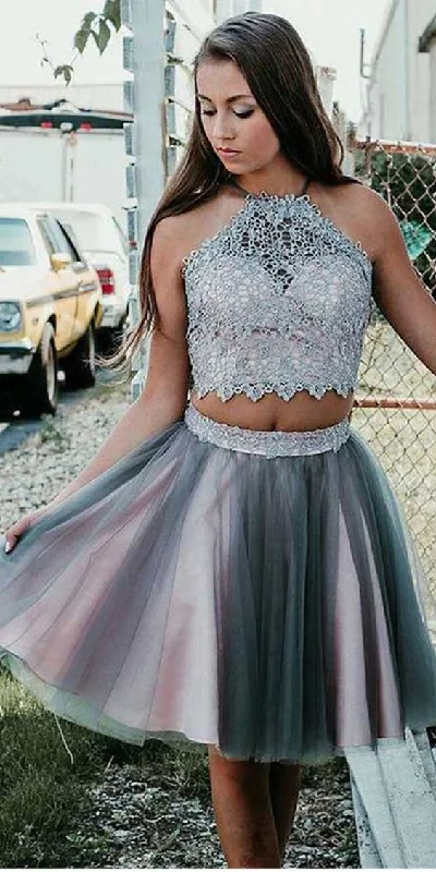 Grey Short Two Piece Halter Homecoming Party Dress with Lace cg2105 empire Waist empire