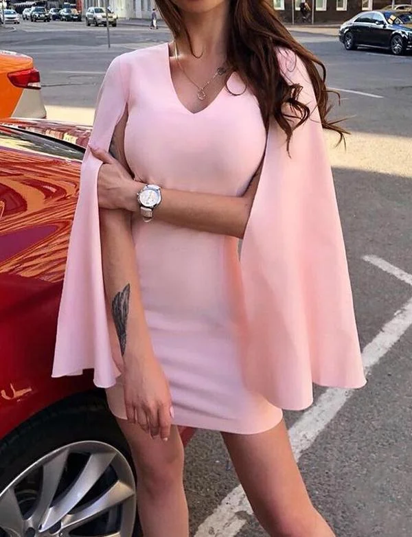 Beautiful Sheath V Neck Pink Short Homecoming Party Dress With Cloak cg2325 Tunics Sophisticated sleek