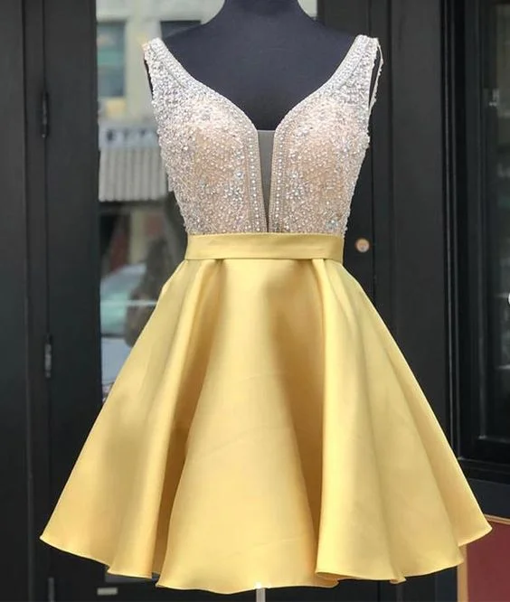 Yellow v neck sequin short homecoming dress, yellow party dress cg292 Tunics Office stylish
