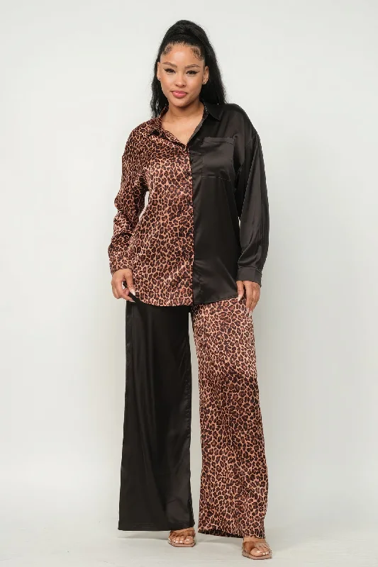 Half Animal Print And Half Solid Top And Pants Set Fashionable Button-Up Pants