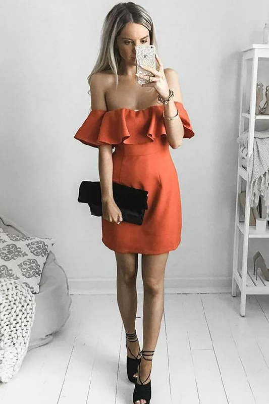 A-Line Off-the-Shoulder Short Party Dress, Orange Satin Homecoming Dress with Ruffles cg1686 Tunics Leisure comfortable