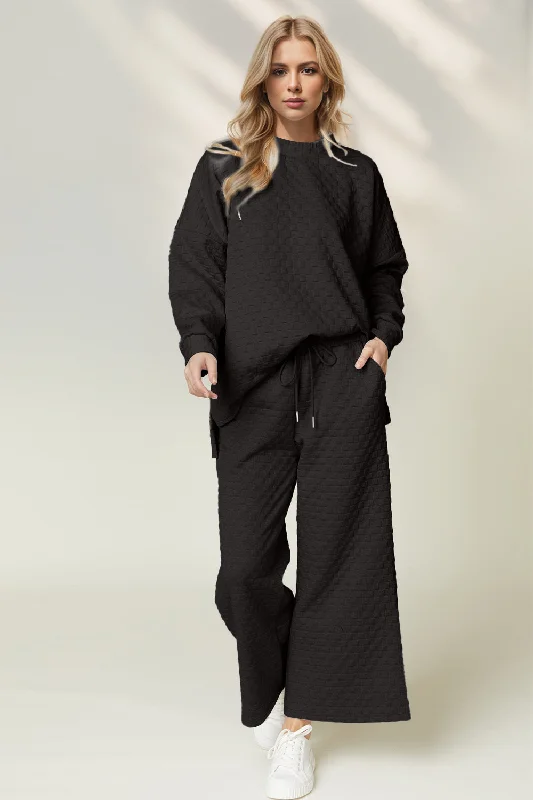 Checkered Slit High-Low Round Neck Top and Wide Leg Pants Set Comfortable Pleated Pants
