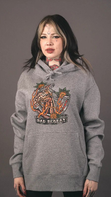 Ultra Heavy Horseshoe Hoodie / Front Print Hoodie with Elastic Waist Stretchable Comfortable
