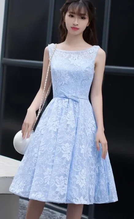 Light Blue Lace Knee Length Round Neckline Party Dress, Charming Blue homecoming Dress cg2246 High-Low Hemline Casual