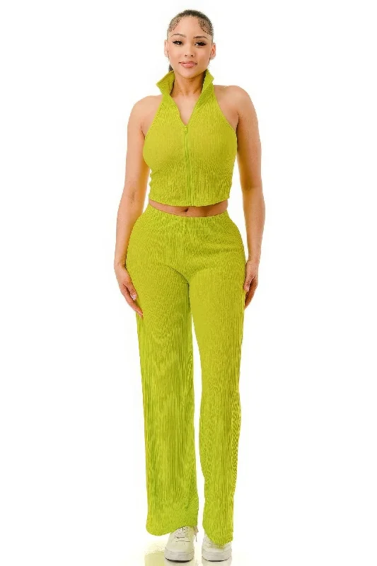 Crinkle Wide Pants Set Zipper High-Waist Jogger Pants