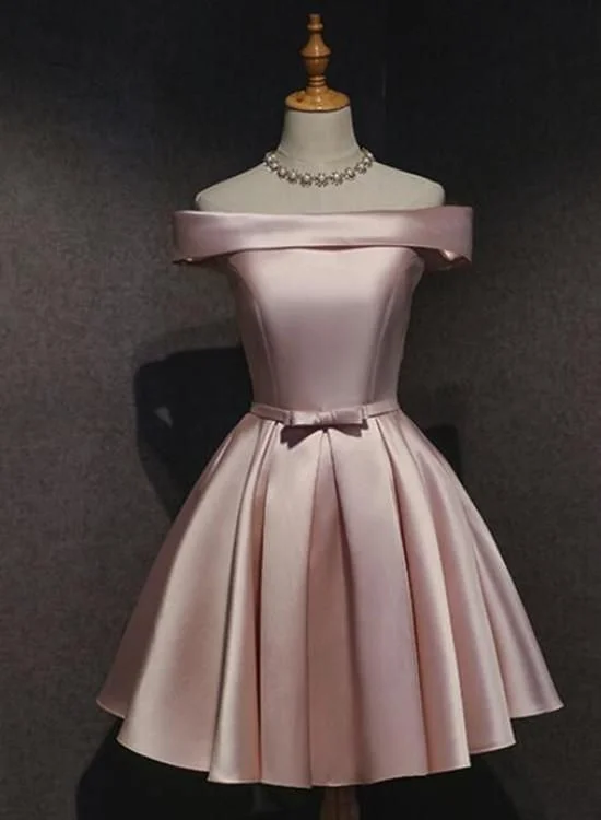 Pink Off Shoulder Homecoming Dress, Pink Party Dress 2019, Cute Satin Dress cg1989 Crew Neckline Casual