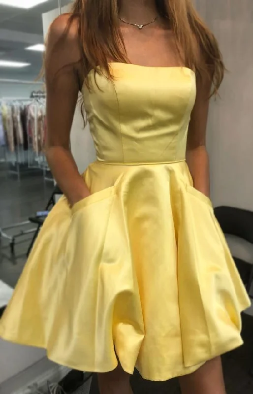 Strapless Short Yellow Homecoming Party Dress With Pockets  cg2120 A-Line Day Work