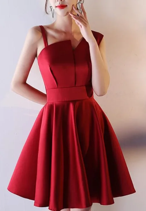 Beautiful Dark Red Satin One Shoulder Mini Party Dress, Wine Red Homecoming Dress cg4020 Tunics Polka dots