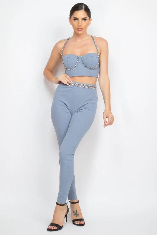 Stone Embellished Top And Pants Set Modern Stretch Trousers