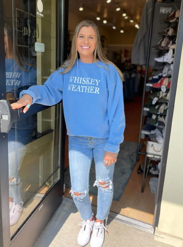 Whiskey Weather Crewneck Sweatshirt [Light Blue] Hoodie with Set-In Sleeves Structured Classic