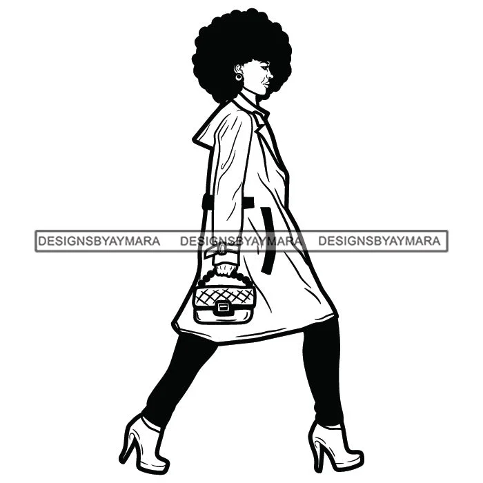 Walking Woman Holding Hand Bag Clutch Wearing Winter Long Coat Black Tights Pant High Heel Shoes Curly Black Hairs Hair Girl Black And White SVG JPG PNG Vector Clipart Cricut Silhouette Cut Cutting Relaxed Fit Trousers