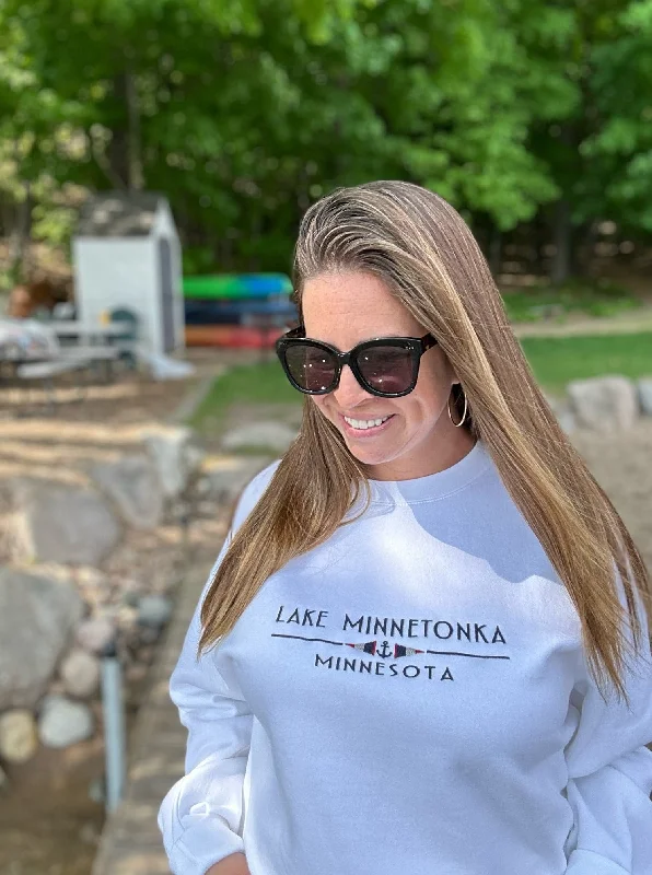 Lake Minnetonka Nautical Embroidered Sweatshirt [White] Hoodie with Relaxed Fit Easy Casual