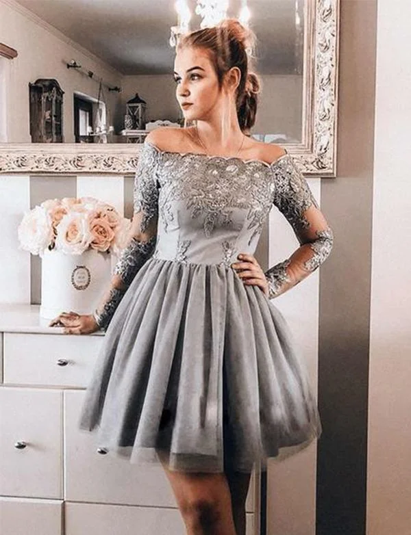 Off The Shoulder Short Homecoming Dresses Appliques Gray Cocktail Party Dresses  cg518 sweetheart Neckline Romantic