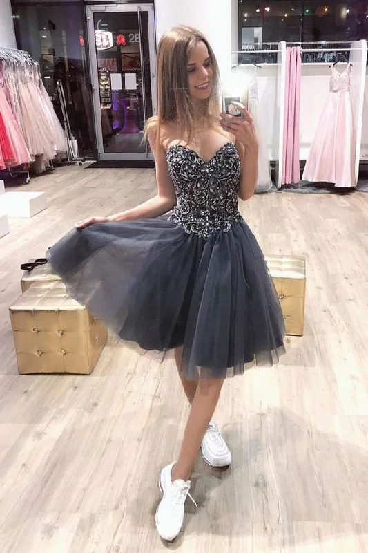 Sweetheart Gray Tulle Beaded Lace Up Short homecoming Dress, Party Dress cg3108 A-Line Day Work