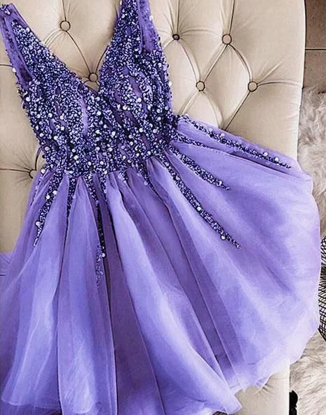V-Neck Beaded Short Lavender Homecoming Dress Custom Made Cute Cocktail Party Dress cg3297 Sequined Elegant Party