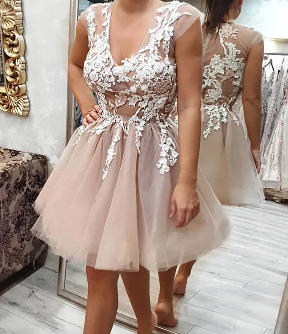 Cute v neck tulle lace short party dress, tulle homecoming dress cg4993 Square Neckline Feminine