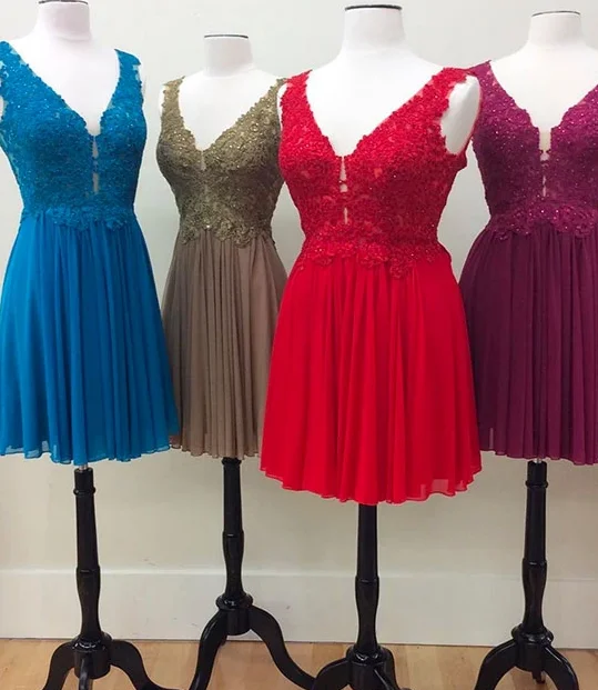 A-line v neck lace chiffon short party dress, lace homecoming dress cg4997 Halter Neckline Beach
