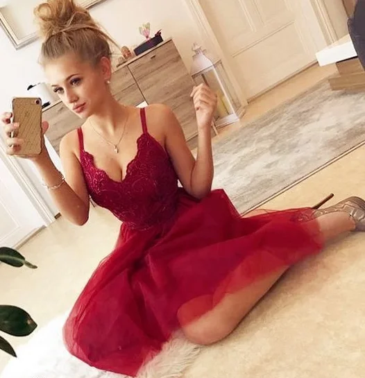 Sexy Backless Red homecoming Dress, Sleeveless Tulle Short party Dress with Lace cg377 Tunics Denim casual