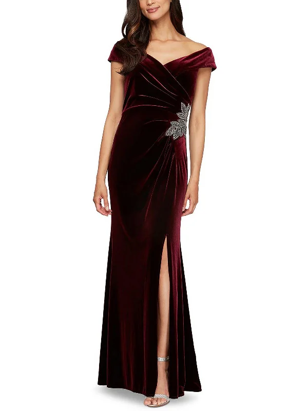 Womens Velvet Off-The-Shoulder Evening Dress sweetheart Neckline Romantic