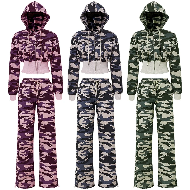 Manufacturer /Custom / OEM/ODM Women Baggy Camo Cropped Zip Hoodie Hoodie with Thumb Holes Functional Cozy