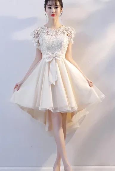 Lovely Champagne Lace High Low Party Dress, Cute Tulle homecoming Dress cg4928 Tunics Chinos classic