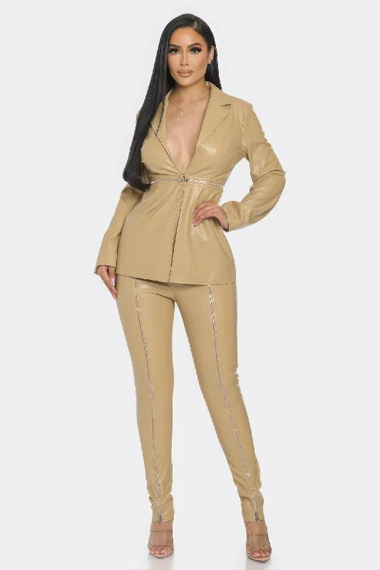 Pu Leather Zipper Pant Set Trendy Velvet Pants