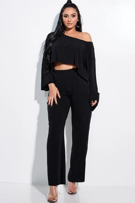 Solid French Terry Long Slouchy Long Sleeve Top And Pants With Pockets Two Piece Set Casual Wide Pants