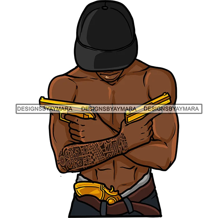 Black Man Wearing Pant Hat Arm Tattoo Holding Golden Gold Pistol Guns Gun Hands Dope Street Gangster Bisep Chest Curly Hairs Hair Arm Tattoo Nubian African American Boy SVG JPG PNG Vector Clipart Cricut Silhouette Cut Cutting Stylish Paperbag Waist Pants