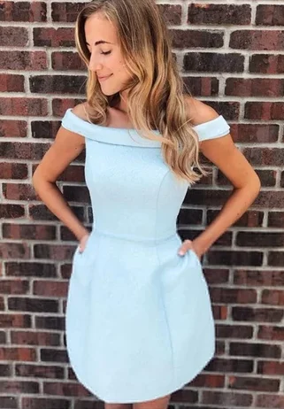 Light Blue Open Back Off The Shoulder Short party Dress, Above Knee Length Short Homecoming Dresses cg4906 Tunics Yoga stretchy
