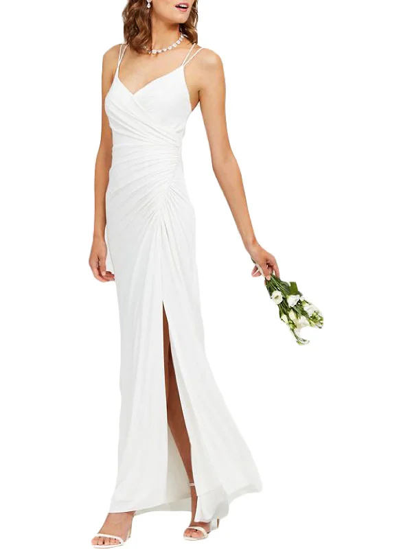 Womens Ruched V-Neck Evening Dress Tunics Wedding white