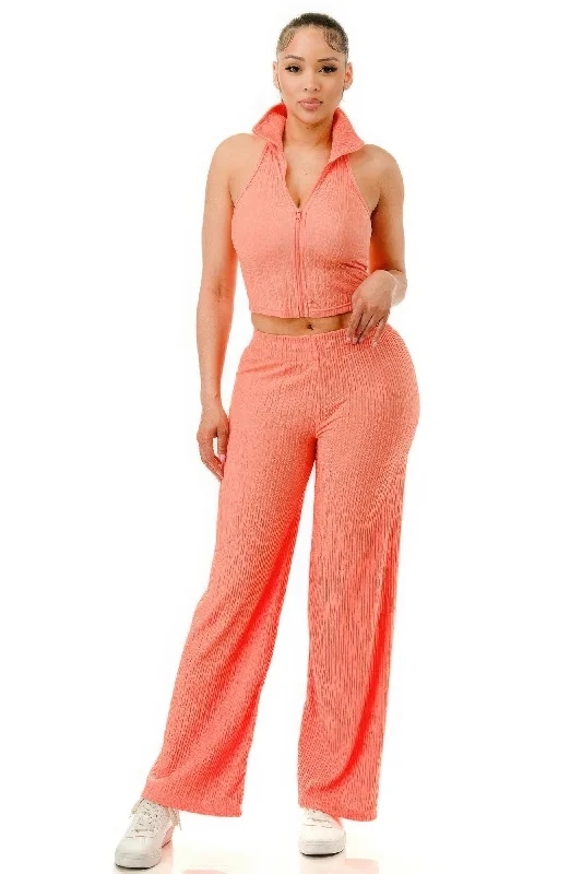 Crinkle Wide Pants Set Zipper Chic Black Leggings