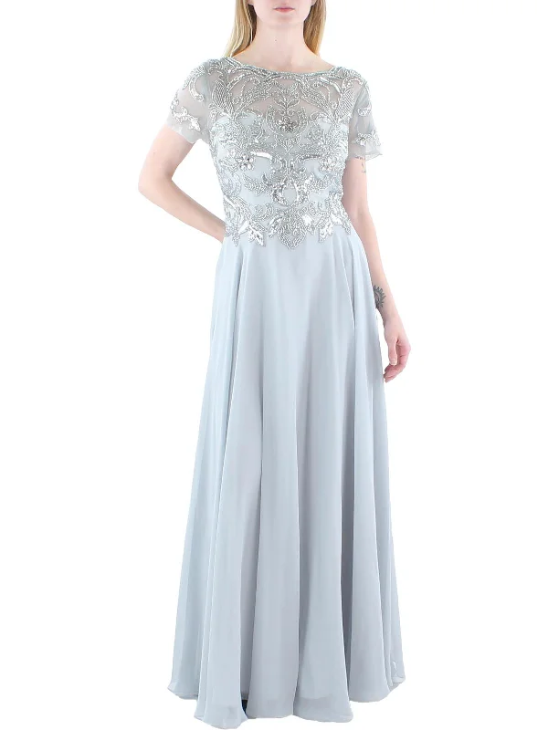 Womens Embellished Chiffon Evening Dress Tunics Mesh breathable