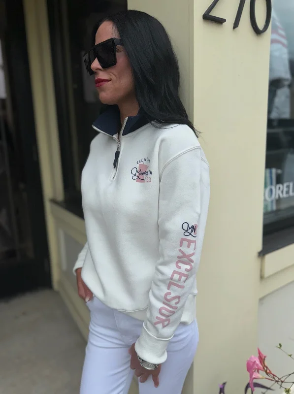 Excelsior Minnesota State 1/4 Zip Sweatshirt [Ivory/Navy] Hoodie with Frayed Bohemian Relaxed