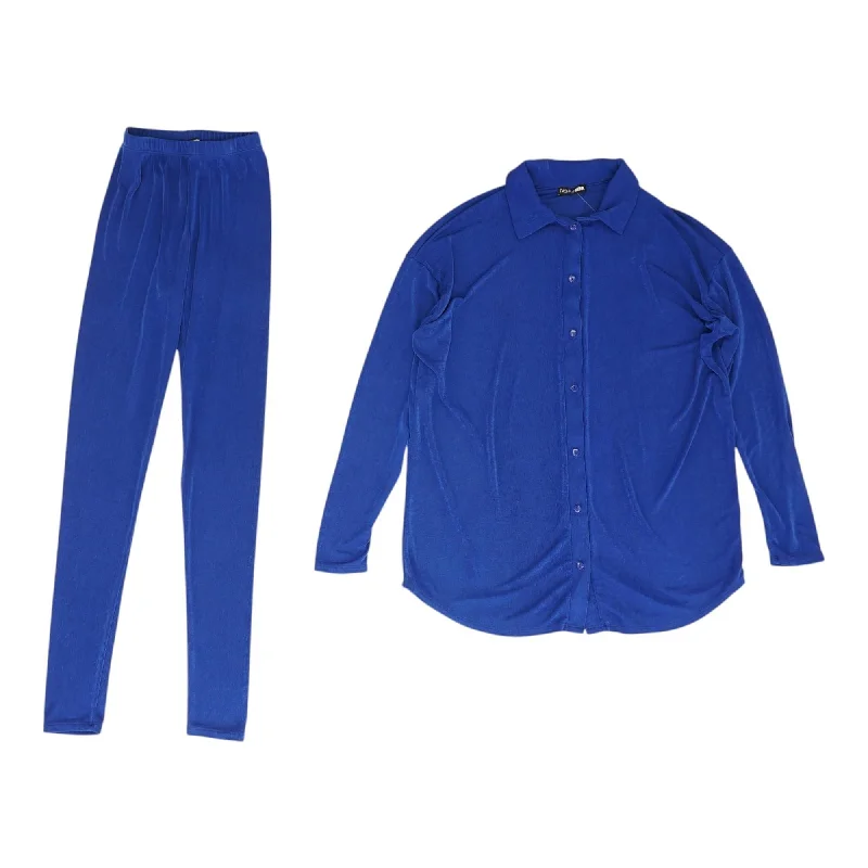 Blue Solid Button Down and Pant Set Casual Track Pants