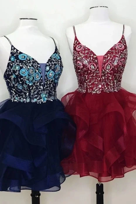 Unique v neck tulle lace short party dress, tulle homecoming dress cg4793 Tunics Formal black