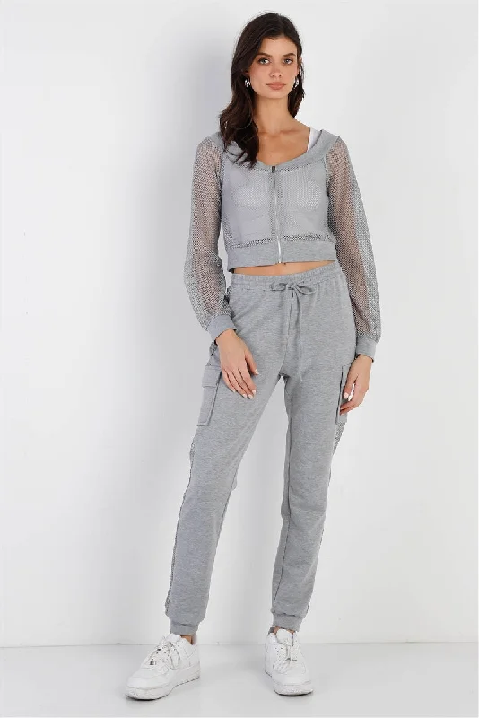 Heather Grey Contrast Fishnet Zip-up Top & Pants Set Comfy High-Waist Jeans